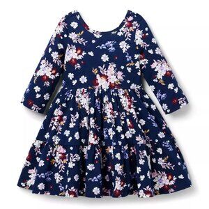 Janie and Jack The Everyday 3/4 Sleeve Dress Size 3 Navy Floral Ruffle Skirt